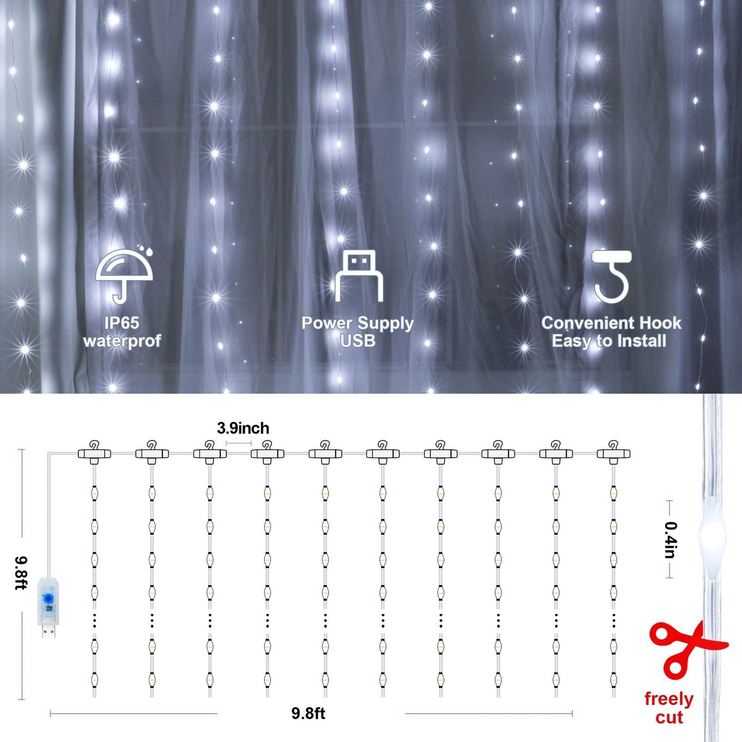 LED Ablakfüggöny akasztókkal és távirányítóval 3X3M